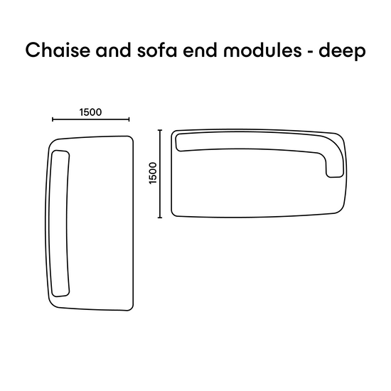 Newman deep chaise and sofa module line drawings at 1500mm deep