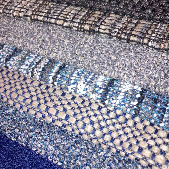 A range of outdoor sofa fabrics available for the Rolly sofa showing blues, browns, greys, cream.