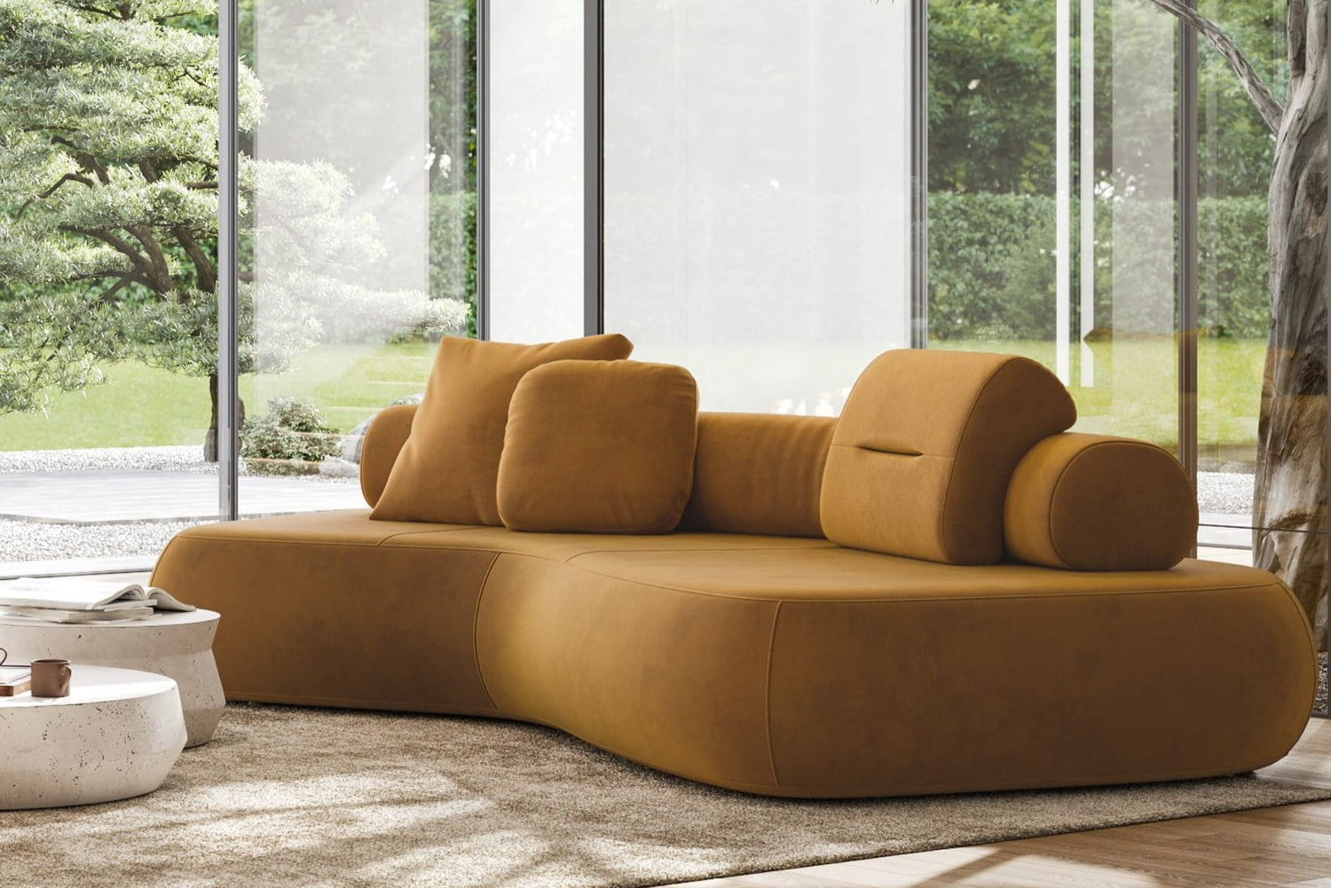 Rolly modern curved sofa in bronze velvet with moveable back roll and cushions by E9 Design